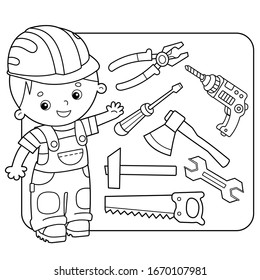 Set of household tools. Cartoon images of saw, wrench, pliers, hammer, axe, screwdriver, drill on white background. Coloring book for kids.