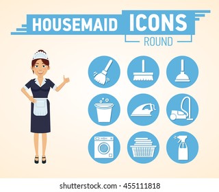 Set of housekeeping icons. Cheerful maid showing thumb up gesture. Broom, vacuum cleaner, washing machine, water spray, iron and other icons. Flat style vector illustration