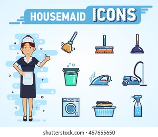 Set of housekeeping icons. Cheerful maid showing thumb up gesture. Broom, vacuum cleaner, washing machine, water spray, iron and other icons. Flat style vector illustration