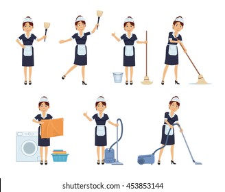 Set of housemaid characters posing in different situations. Cheerful maid doing household chores, washing, cleaning. Simple style vector illustration