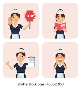 Set of housemaid characters posing in different situations. Cheerful maid holding stop sign, clipboard, reading a book, in love. Flat style vector illustration