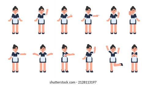 Set of housemaid characters showing various hand gestures. Cheerful maid pointing, greeting, showing victory sign, thumb up, stop and other gestures. Modern vector illustration