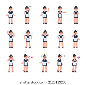 Set of housemaid characters showing various emotions. Cheerful maid laughing, crying, sad, angry, in love, dazed, tired and other expressions. Modern vector illustration