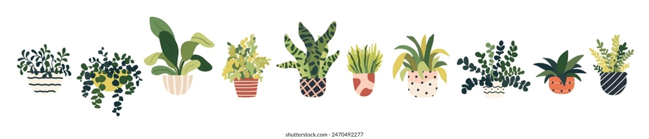 Conjunto de planta de casa para decoración de oficina interior. Maceta de la planta casera. Plantas de interior de jardín, macetas. Las hojas verdes florecen en la selva. Ilustración vectorial en estilo plano de dibujos animados