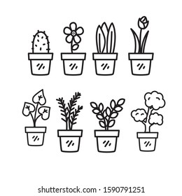 Set of houseplant on pots vector illustration with simple black line design isolated on white background 