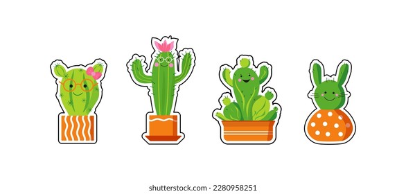Set of houseplant sticker. Cartoon cactus and succulent.  Flowers in pots. House plant, potted plant. Ceramic pot. Vector illustration on isolated background.