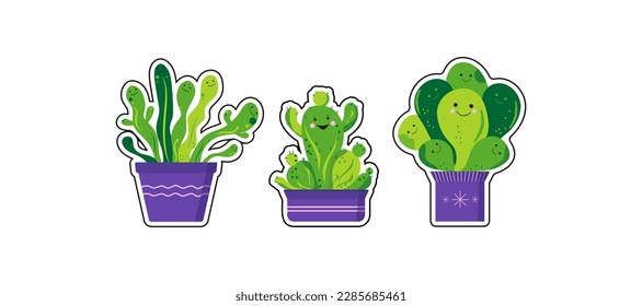 Set of houseplant sticker. Cartoon cactus and succulent.  Flowers in pots. House plant, potted plant. Ceramic pot. Vector illustration on isolated background.