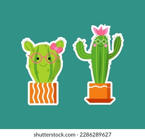 Set of houseplant sticker. Cartoon cactus and succulent.  Flowers in pots. House plant, potted plant. Ceramic pot. Vector illustration on isolated background.