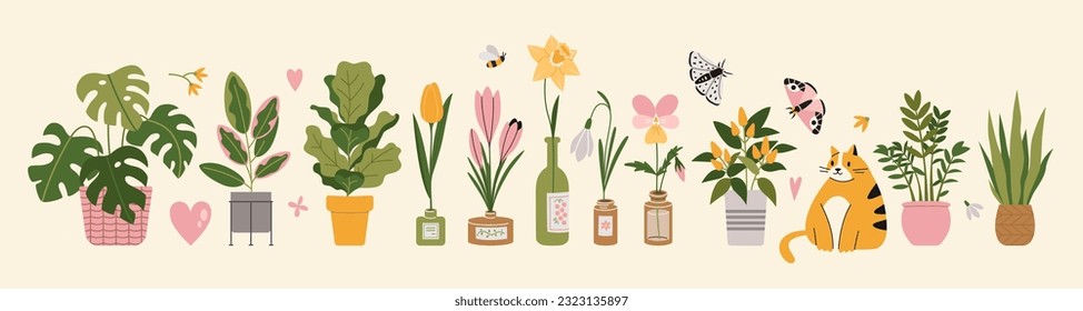 Set with Houseplants, bottled flowers, cat and butterflies, cartoon style. Urban Cozy home. Trendy modern isolated vector illustration, hand drawn, flat