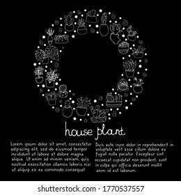 Set with houseplants. Cacti, Monstera in pots. Flower. Doodle style. Vector isolated illustration with houseplants.  Potted flower. Printing on paper, fabrics, dishes, pillows, clothing. 