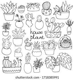 Set with houseplants. Cacti in pots. Vector isolated illustration with houseplants. Doodle style. Potted flowers. Printing on paper, fabrics, dishes, pillows, clothing, mugs. Flower - Doodle style.