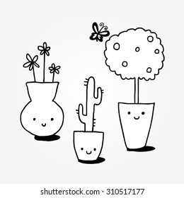 Set houseplants. Cactus, flowers and tree