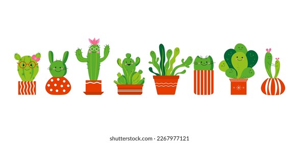 Set of houseplants. Cartoon cactus and succulent.  Flowers in pots. House plant, potted plant. Ceramic pot. Vector illustration on isolated background.