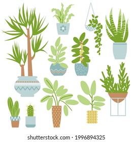 Set of houseplants in different pots isolated on white background. Plant for home and office. Dracaena, cactus, ficus, sansevieria. Decor of the urban jungle. Flat design in pastel colors. Vector.