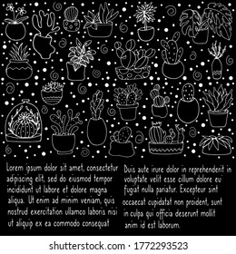 Set with houseplants. Doodle style. Vector isolated illustration with houseplants. Potted flower.  Printing on paper, fabrics, dishes.Cacti, Monstera in pots.  Flower.