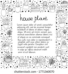 Set with houseplants. Flower.Doodle style. Vector isolated illustration with houseplants. Cacti, Monstera in pots.  Potted flower.  Printing on paper, fabrics, dishes.