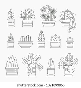 Set of houseplants icons in line design, editable stroke. Various plants collection in flowerpots isolated. Indoor plants icons and infographic elements - vector stock illustration.