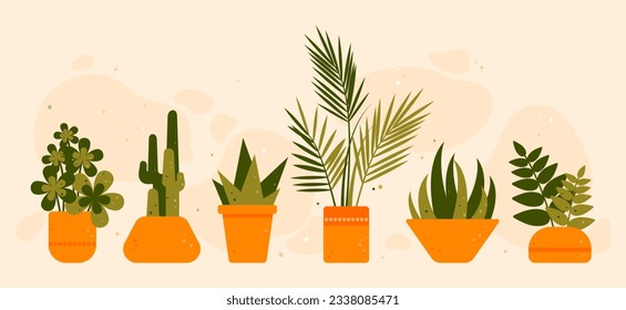 Set of houseplants. Indoor plant in flowerpot. Decorative houseplants for interior home decoration. Vector green garden floral collection isolated on white background
