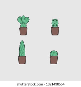 Set of houseplants on a grey background, isolate. Cacti in pots, vector illustration
