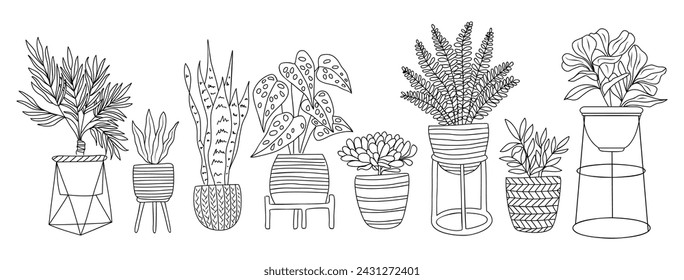 Conjunto de dibujos de contorno de Houseplant vector art.