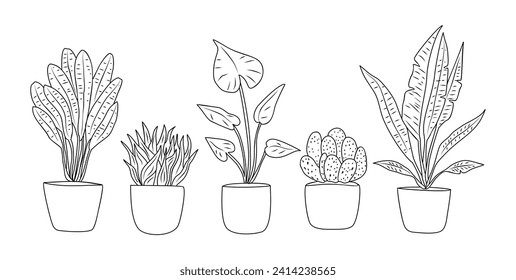 Set of Houseplants outline vector art drawings.