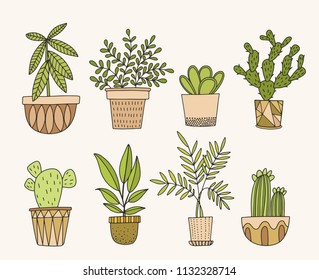 Set of houseplants in pots. Hand drawn vector in doodle style.