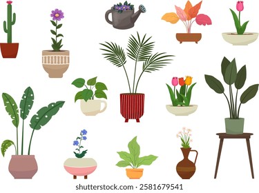 Set of houseplants in pots for home, office, coffeshop, store. rendy home decor with plants, urban jungle. Green garden floral collection. Flat vector illustration isolated on transparent background