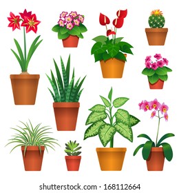 Set of houseplants in pots icons isolated on white