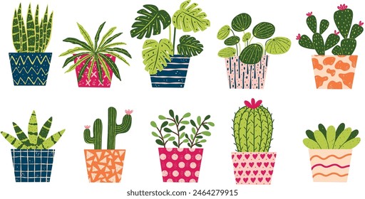 Set of houseplants in quirky pots. Includes indoor plants like cactus, fern, monstera, succulent and more. Loose hand drawn style vector elements.