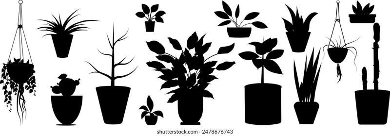  Set of Houseplants silhouette. Decorative indoor vector illustration