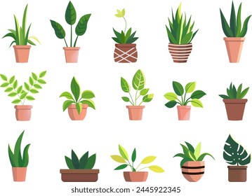  Set of houseplants. Urban jungle for home. Different green plants in pots. Home, office decoration. Flat vector illustration isolated on white background