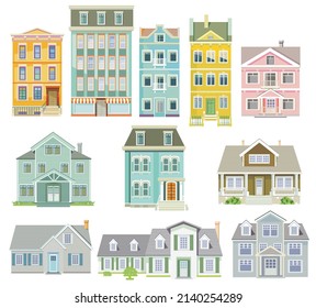 Set of houses and apartment buildings, country houses, wooden houses, family houses, illustration