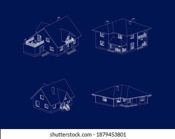 Set of houses with attics provincial. Top view. Various architectural solutions. Vector isolated icons.