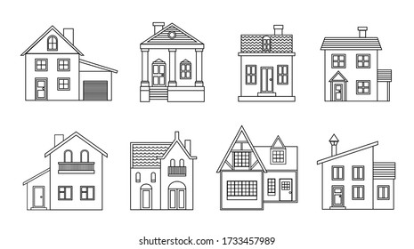 Set of houses, black outline home design collection, vector line art illustration exterior