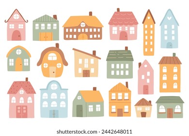 Set of houses in boho style. Vector collection of clip arts with houses in hand-drawn style. Isolated simple houses.