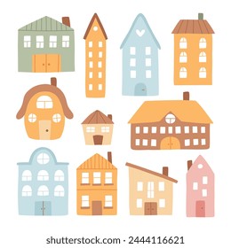 Set of houses in boho style. Vector collection of clip arts with houses in hand-drawn style. Isolated simple houses.