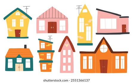 Set of houses in boho style. Vector collection of clip arts with houses in hand-drawn style. Isolated simple houses.