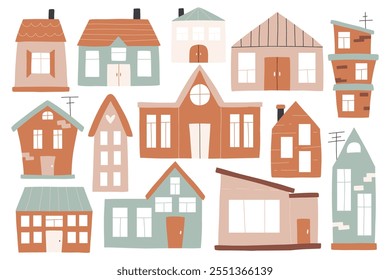 Set of houses in boho style. Vector collection of clip arts with houses in hand-drawn style. Isolated simple houses.