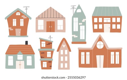 Set of houses in boho style. Vector collection of clip arts with houses in hand-drawn style. Isolated simple houses.