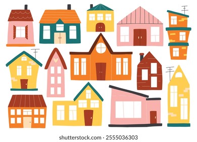 Set of houses in boho style. Vector collection of clip arts with houses in hand-drawn style. Isolated simple houses.