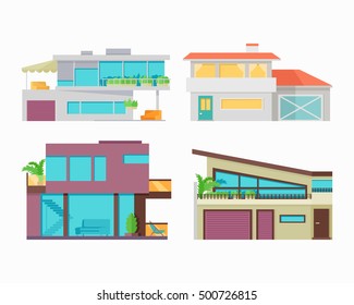 Set of houses, buildings and architecture variations isolated on white. Countryside or city architecture. Part of series of modern buildings in flat design style. Real estate concept. Vector