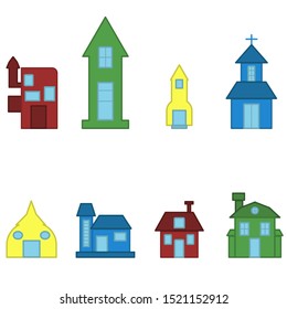Set of houses and buildings black line on white background vector illustration