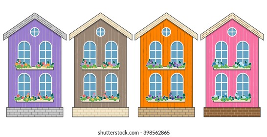 Set of Houses. Cartoon home facades. Purple, Brown, Orange and Pink Cottages isolated on white. Flowers on windows, wood wall, old style. Town street.