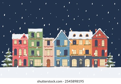 Set of houses in Christmas style. Winter festive atmosphere, decorated and illuminated doors and windows of houses. Vector illustration