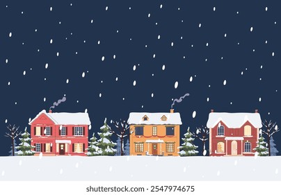 Set of houses in Christmas style. Winter festive atmosphere, decorated and illuminated doors and windows of houses. Vector illustration