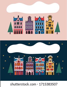 Set of houses of classical architecture of the Netherlands, Amsterdam. Vector illustration, night and day view of the city.