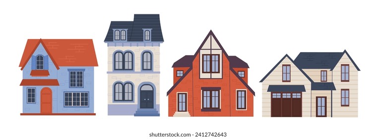 Concepto de conjunto de casas. Arquitectura urbana y edificios. La casa y la casa de campo. La fachada y el exterior de las casas. Edificios rojos y grises. Colección vectorial plana de dibujos animados aislada en fondo blanco