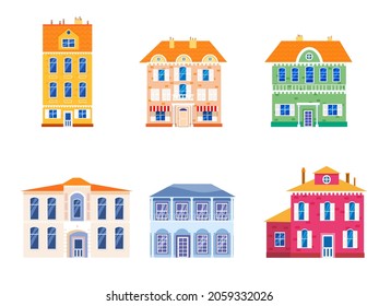 Set houses cottage home front view, colorful real estate. Cartoon urban buildings, vector illustration