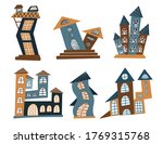 set of houses with curved walls,  slanting roofs, round windows. Buildings from a fairy tale. Stylized houses, cottages, castles.