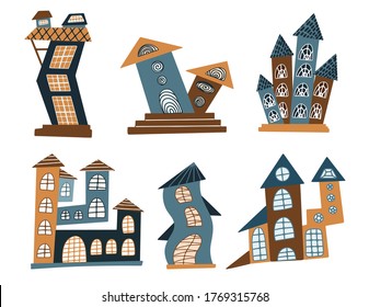 set of houses with curved walls,  slanting roofs, round windows. Buildings from a fairy tale. Stylized houses, cottages, castles.